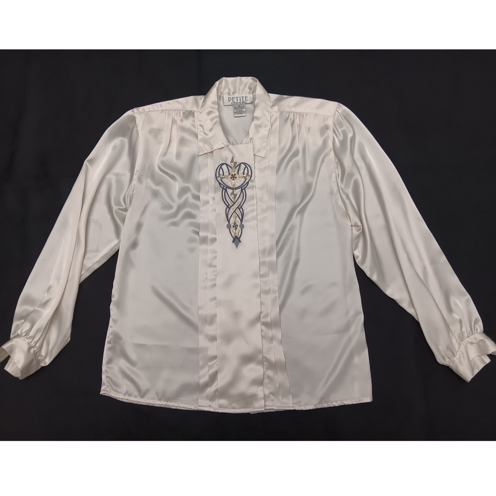 Petite Sophisticate Vintage Cream Satin Blouse Pearl Embroidered Gothic Top 6